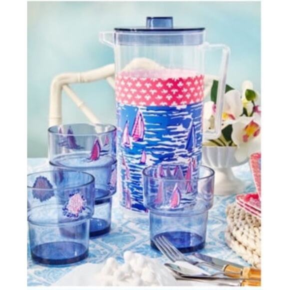 NWT Lilly Pulitzer Boatylicious Sway With Me Red Regatta Pitcher and Cups Set - Picture 1 of 4